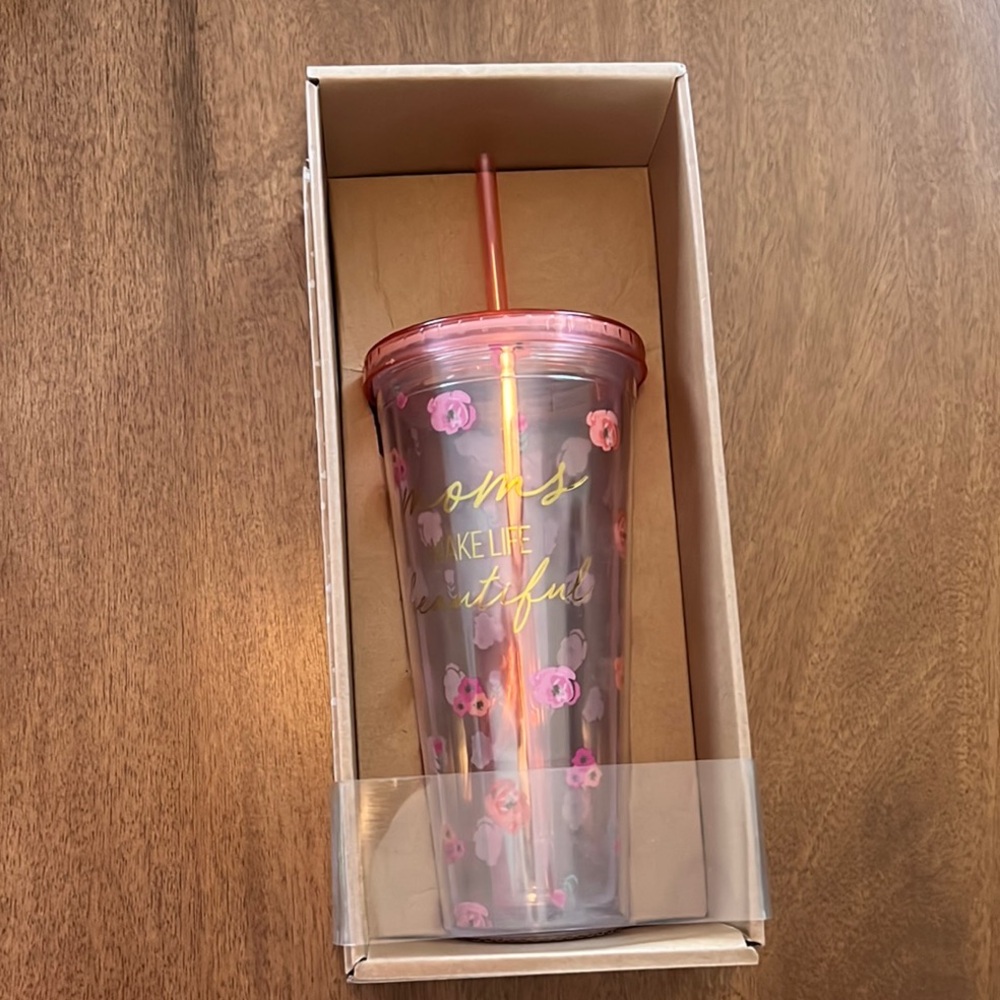 Floral Pink Tumbler with Straw